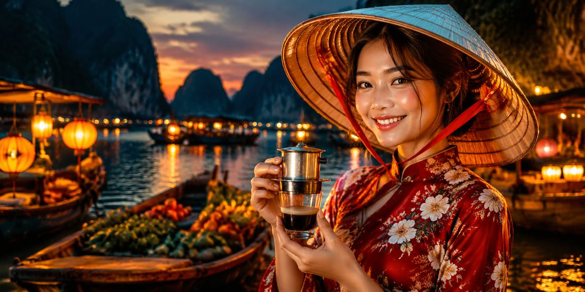 Khung cảnh Hạ Long Bay với người đội nón lá bên cạnh thiết bị đặt cược và không khí lễ hội